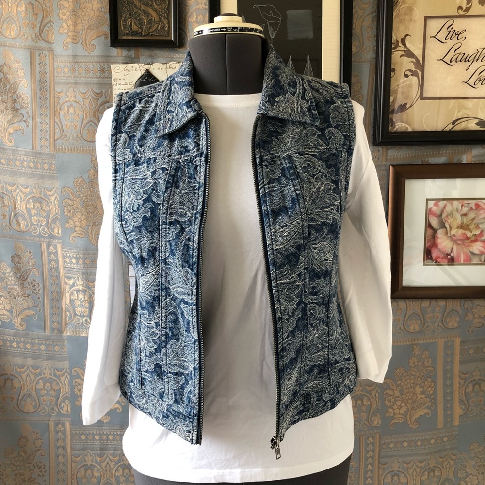 Christopher and Banks denim floral emboss vest M